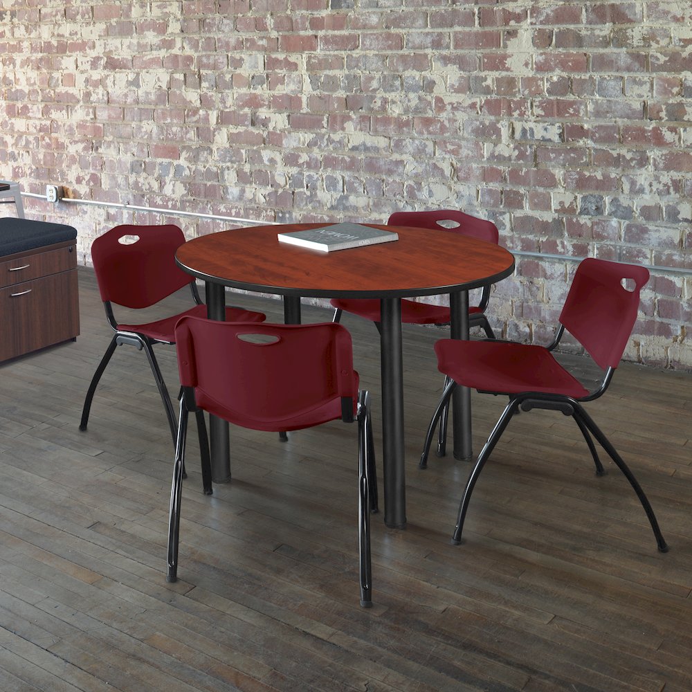 48 in Round Breakroom Table- Cherry Top, Black Legs, 4 M Stack Chairs- Burgundy. Picture 6