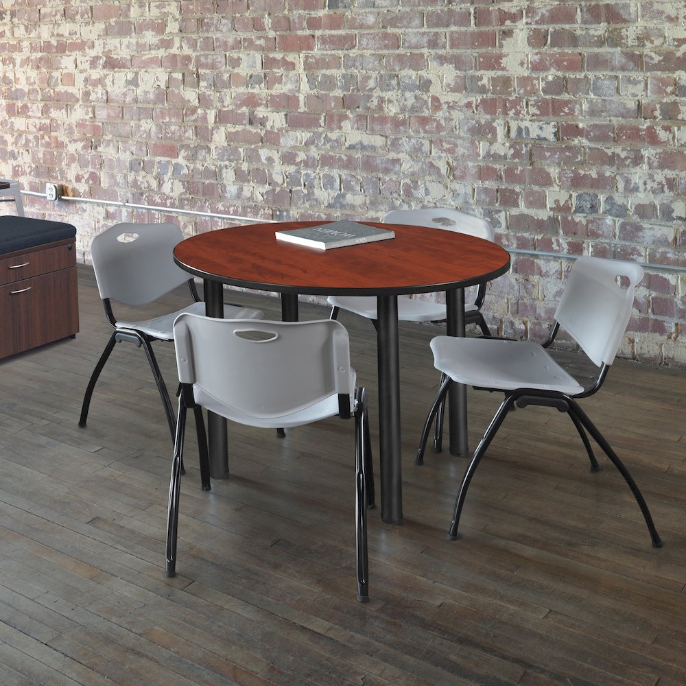48 in Round Breakroom Table- Cherry Top, Black Legs, 4 M Stack Chairs- Grey. Picture 6