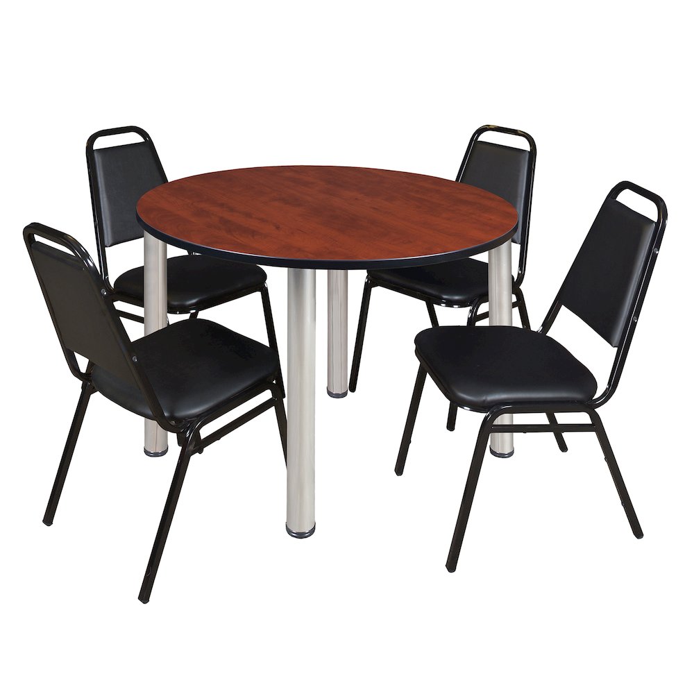 48 in Round Breakroom Table- Cherry Top, Chrome Legs, 4 Restaurant Stack Chairs. Picture 1