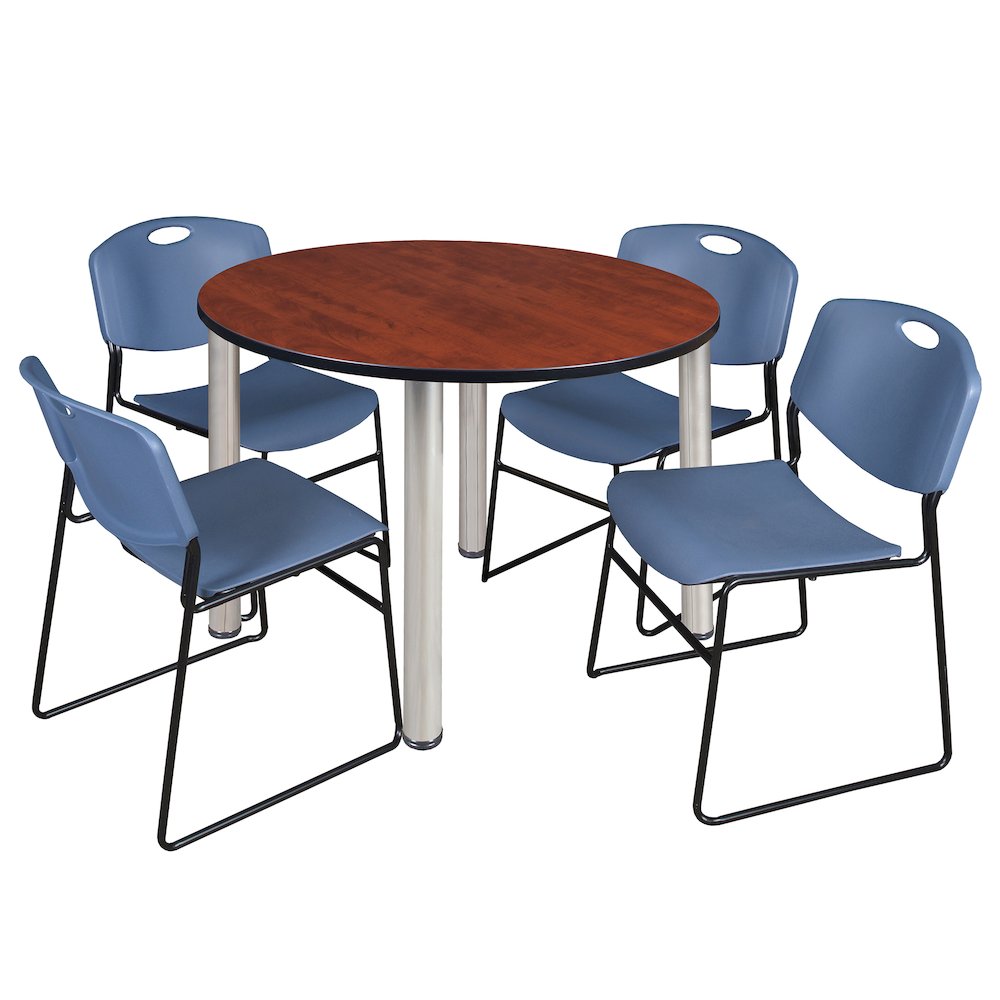 48 in Round Breakroom Table- Cherry Top, Chrome Legs, 4 Zeng Stack Chairs- Blue. Picture 1