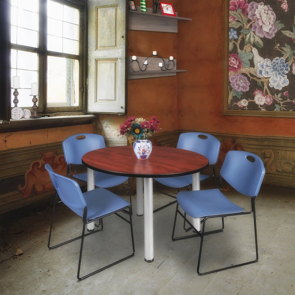 48 in Round Breakroom Table- Cherry Top, Chrome Legs, 4 Zeng Stack Chairs- Blue. Picture 6