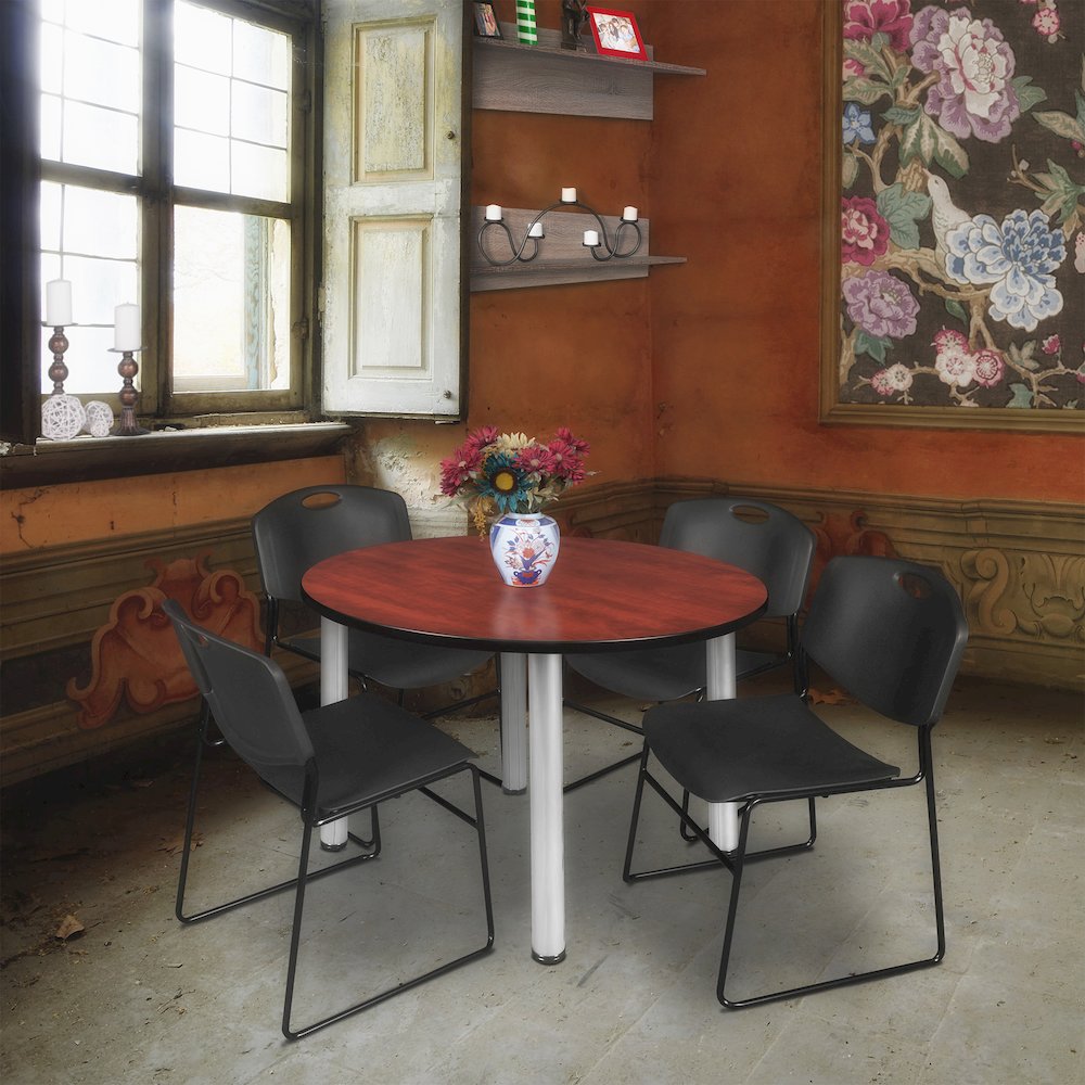 48 in Round Breakroom Table- Cherry Top, Chrome Legs, 4 Zeng Stack Chairs- Black. Picture 6