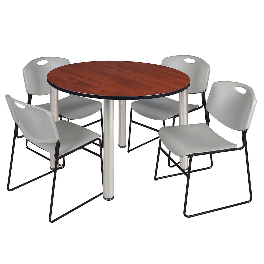 48 in Round Breakroom Table- Cherry Top, Chrome Legs, 4 Zeng Stack Chairs- Grey. Picture 1
