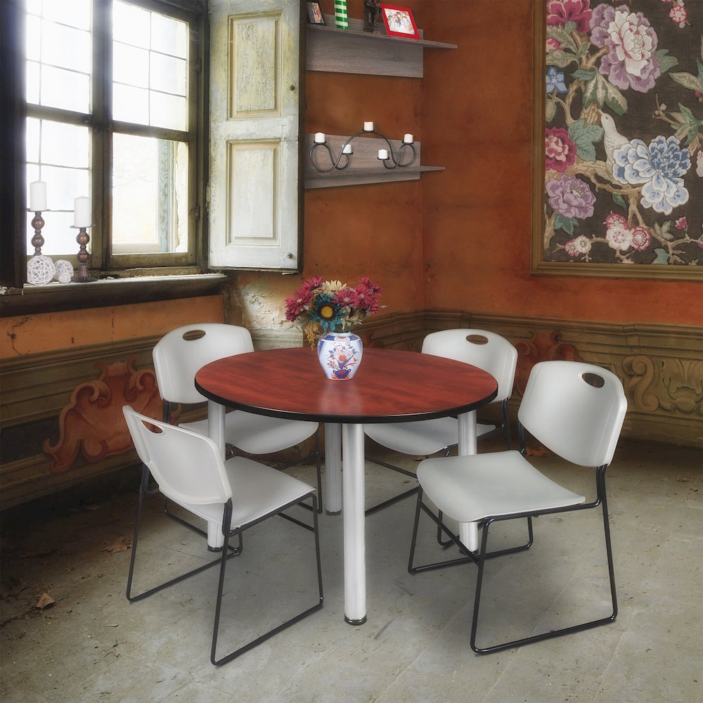 48 in Round Breakroom Table- Cherry Top, Chrome Legs, 4 Zeng Stack Chairs- Grey. Picture 6