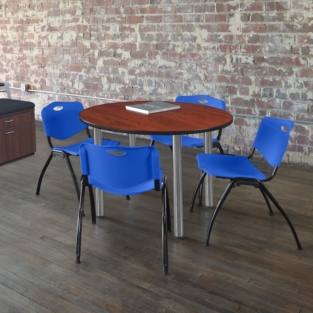 48 in Round Breakroom Table- Cherry Top, Chrome Legs, 4 M Stack Chairs- Blue. Picture 6