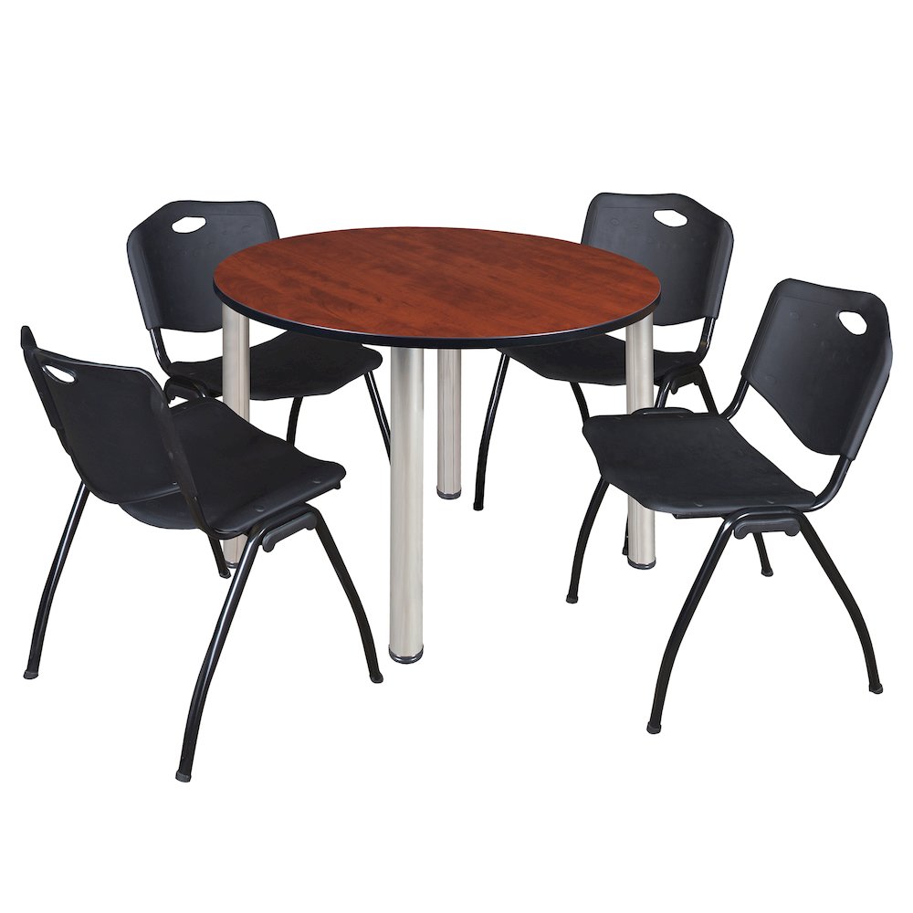 48 in Round Breakroom Table- Cherry Top, Chrome Legs, 4 M Stack Chairs- Black. Picture 1