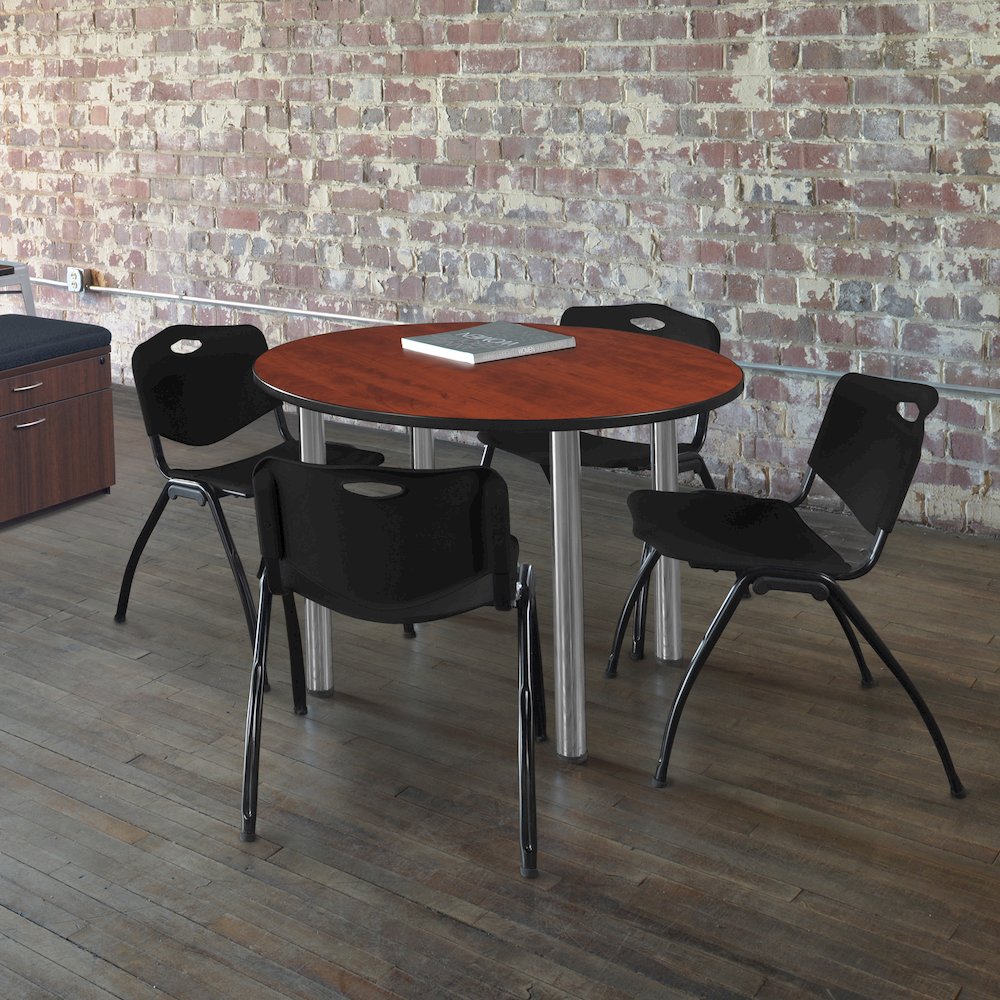 48 in Round Breakroom Table- Cherry Top, Chrome Legs, 4 M Stack Chairs- Black. Picture 6