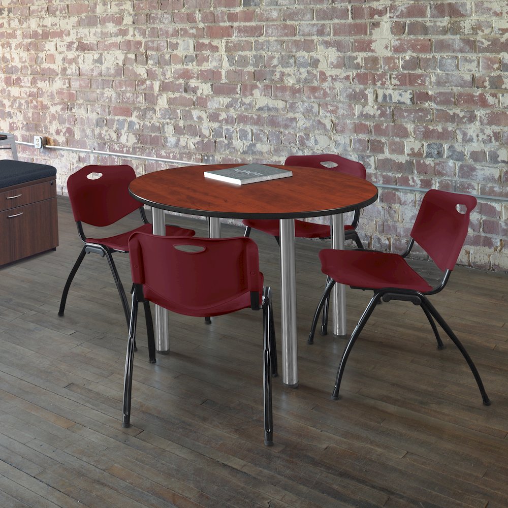 48 in Round Breakroom Table- Cherry Top, Chrome Legs, 4 M Stack Chairs- Burgundy. Picture 6