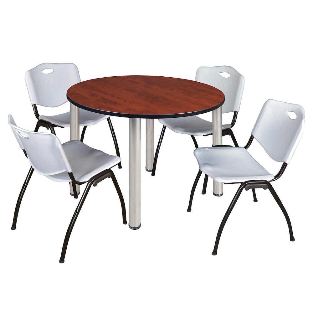 48 in Round Breakroom Table- Cherry Top, Chrome Legs, 4 M Stack Chairs- Grey. Picture 1