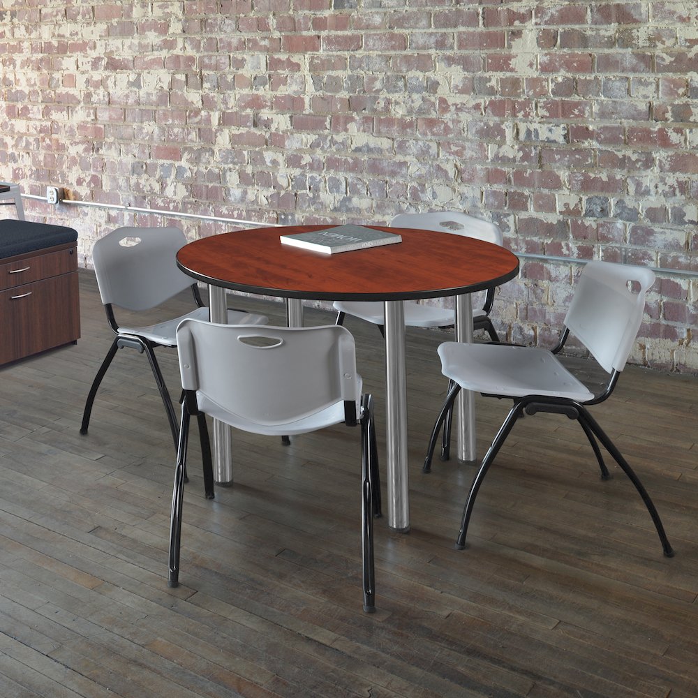 48 in Round Breakroom Table- Cherry Top, Chrome Legs, 4 M Stack Chairs- Grey. Picture 6