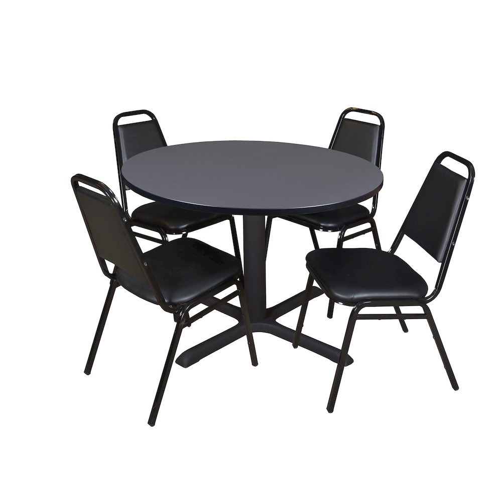 48 in. Round X-Base Breakroom Table- Grey & 4 Restaurant Stack Chairs- Black. Picture 1