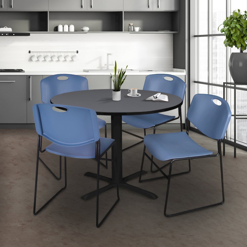 48 in. Round X-Base Breakroom Table- Grey & 4 Zeng Stack Chairs- Blue. Picture 8