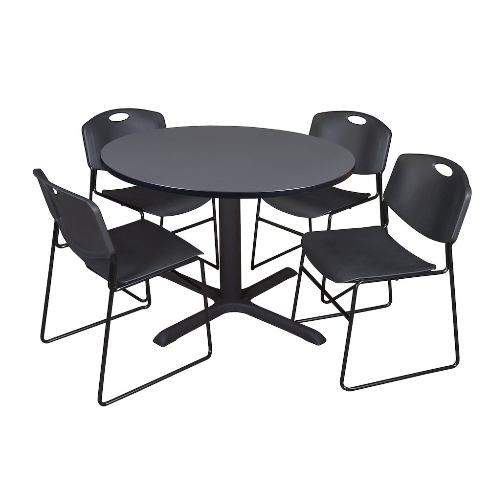 48 in. Round X-Base Breakroom Table- Grey & 4 Zeng Stack Chairs- Black. Picture 1