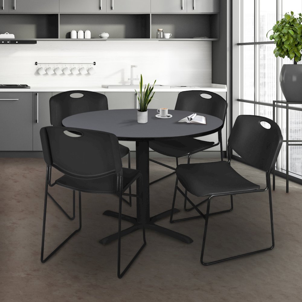 48 in. Round X-Base Breakroom Table- Grey & 4 Zeng Stack Chairs- Black. Picture 8
