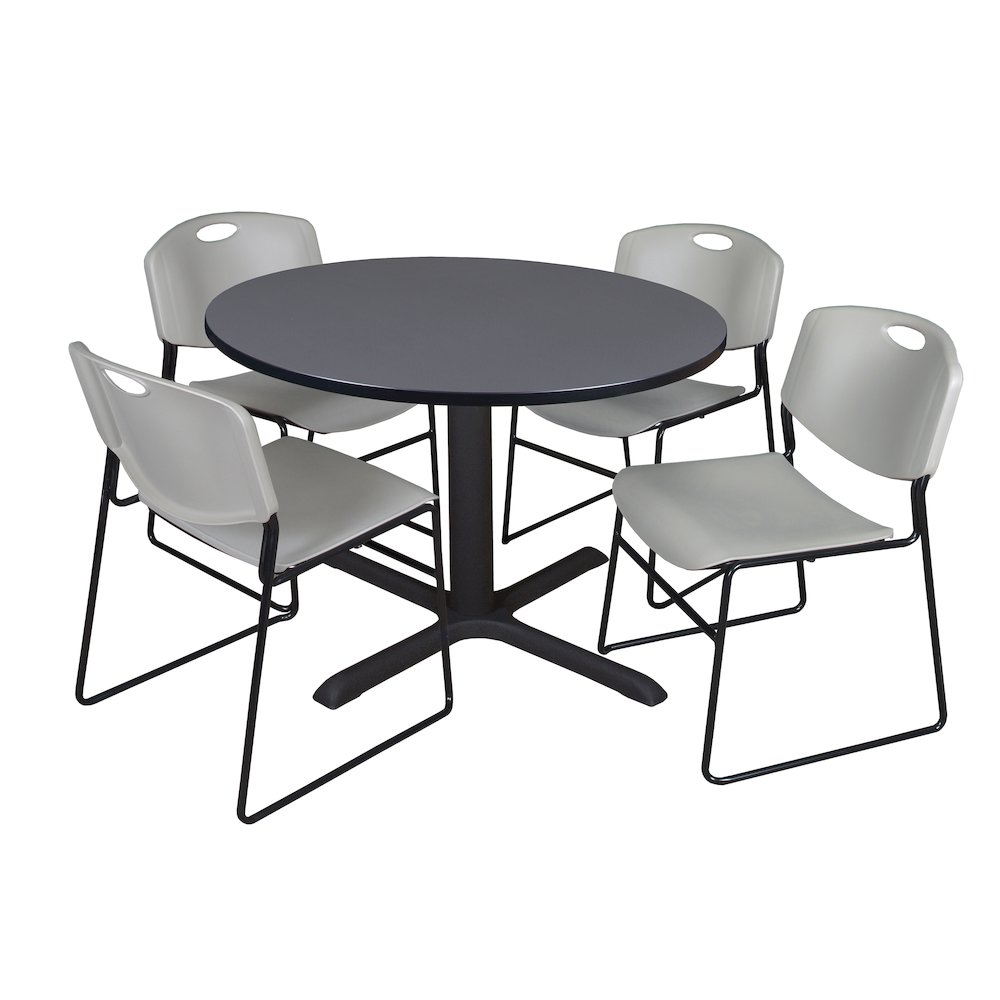 48 in. Round X-Base Breakroom Table- Grey & 4 Zeng Stack Chairs- Grey. Picture 1