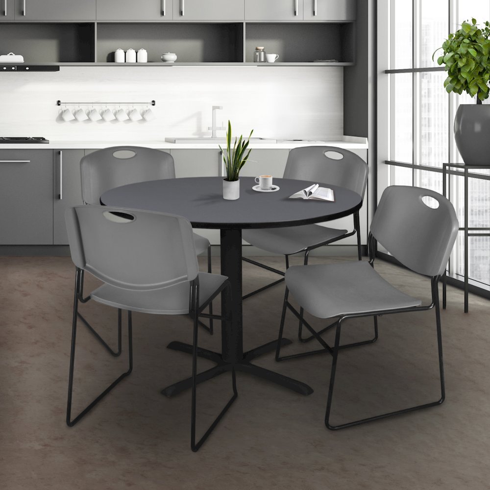48 in. Round X-Base Breakroom Table- Grey & 4 Zeng Stack Chairs- Grey. Picture 8