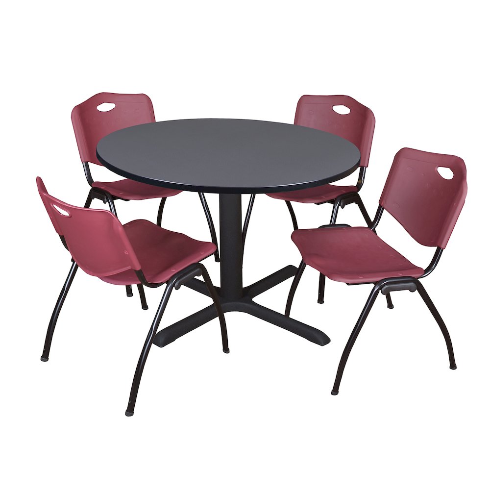 48 in. Round X-Base Breakroom Table- Grey & 4 M Stack Chairs- Burgundy. Picture 1