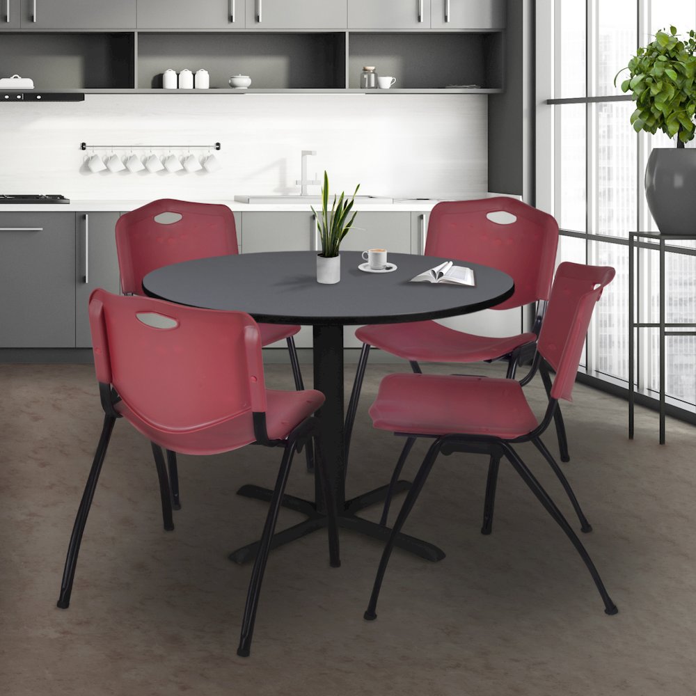 48 in. Round X-Base Breakroom Table- Grey & 4 M Stack Chairs- Burgundy. Picture 8