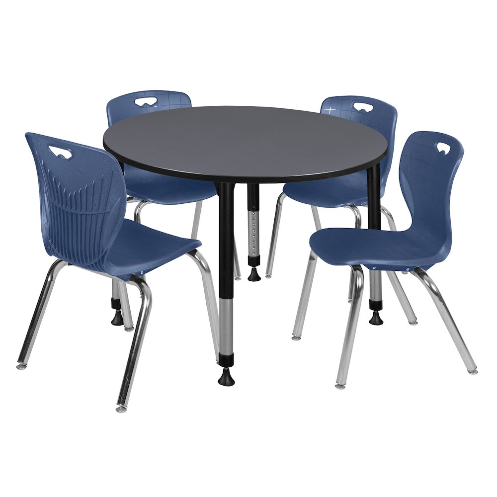 48 in. Round Adjustable Classroom Table- Grey & 4 Andy 18 in. Stack Chairs- Blue. Picture 1