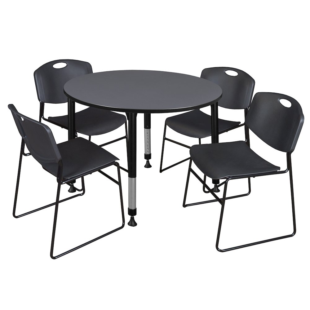48 in. Round Adjustable Classroom Table- Grey & 4 Zeng Stack Chairs- Black. Picture 1