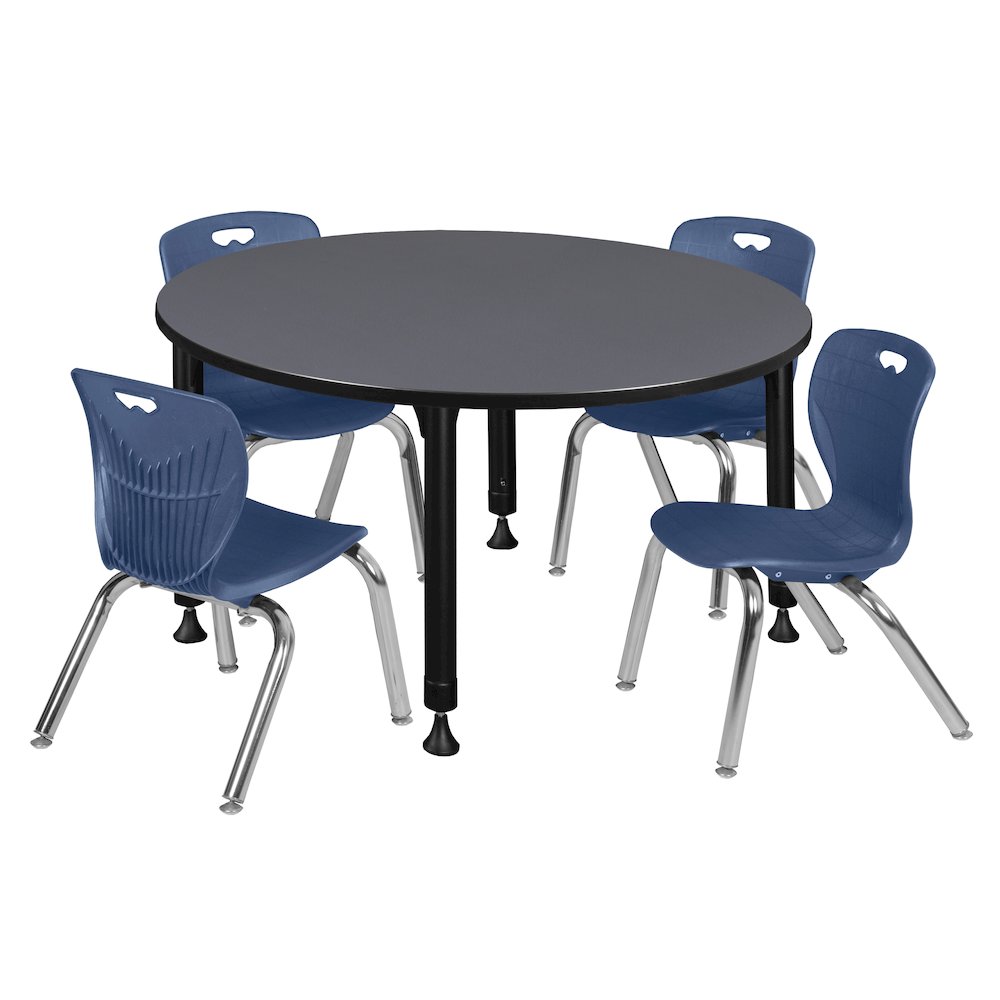 48 in. Round Adjustable Classroom Table- Grey & 4 Andy 12 in. Stack Chairs- Blue. Picture 1