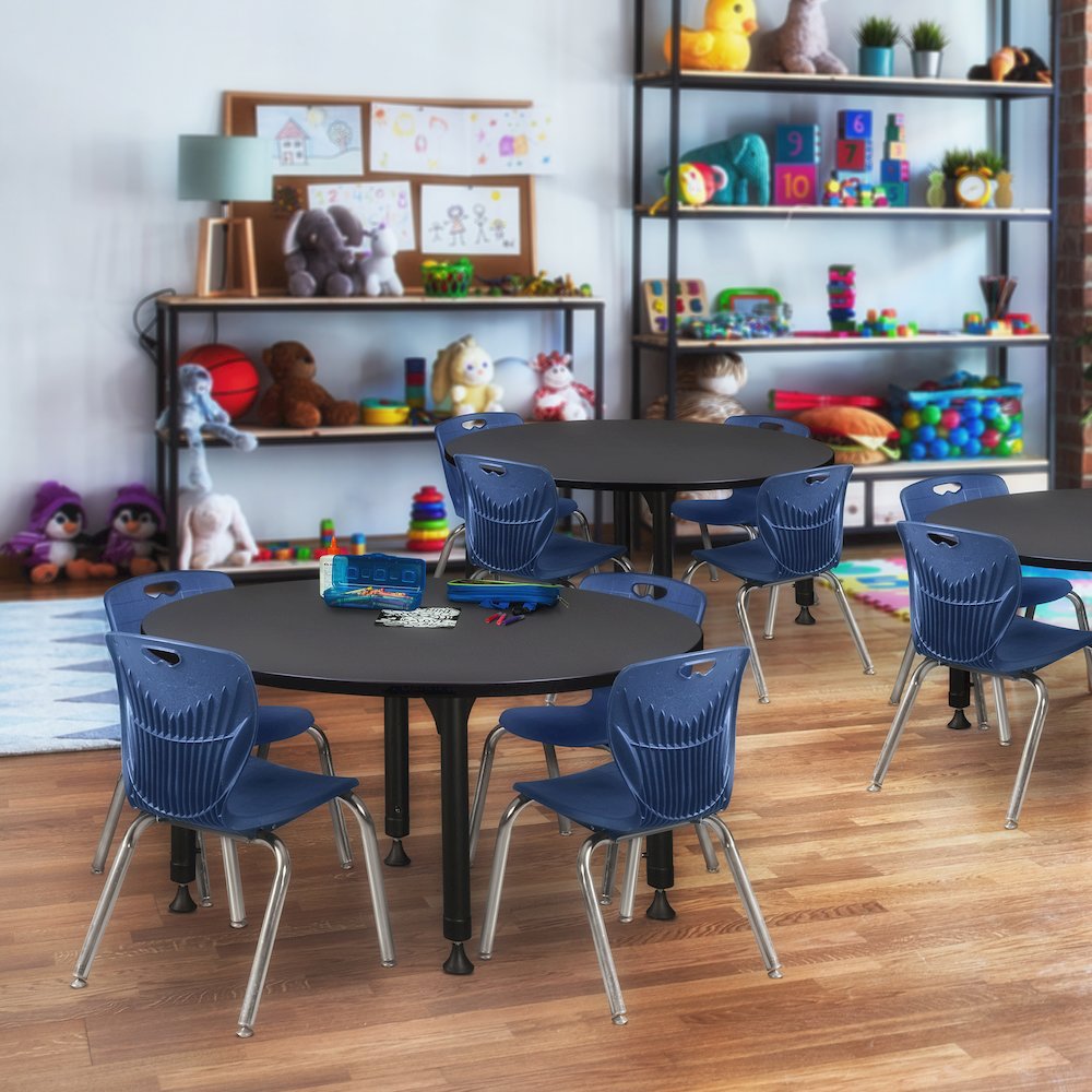 48 in. Round Adjustable Classroom Table- Grey & 4 Andy 12 in. Stack Chairs- Blue. Picture 6
