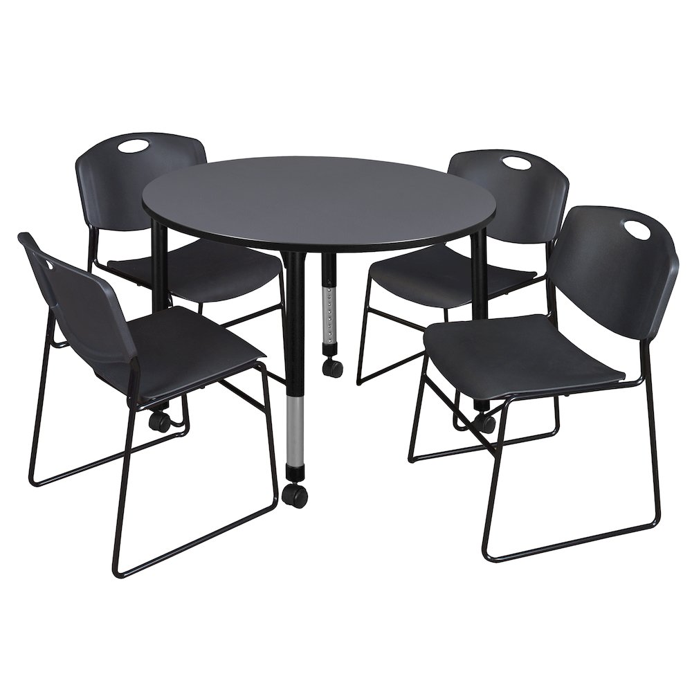 48 Round Mobile Adjustable Classroom Table- Grey & 4 Zeng Stack Chairs- Black. Picture 1