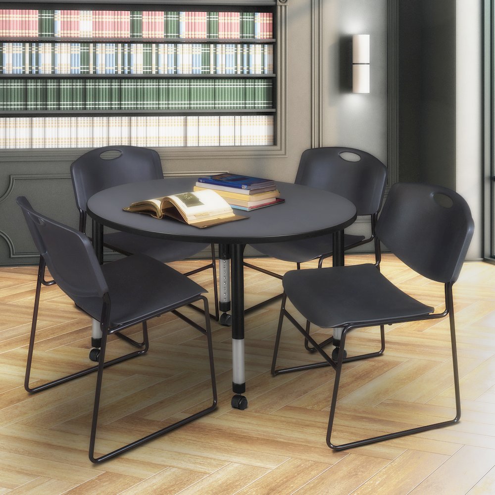 48 Round Mobile Adjustable Classroom Table- Grey & 4 Zeng Stack Chairs- Black. Picture 6