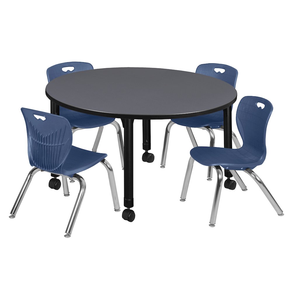 48 in. Round Adjustable Classroom Table- Grey & 4 Andy 12 in. Stack Chairs- Blue. Picture 1