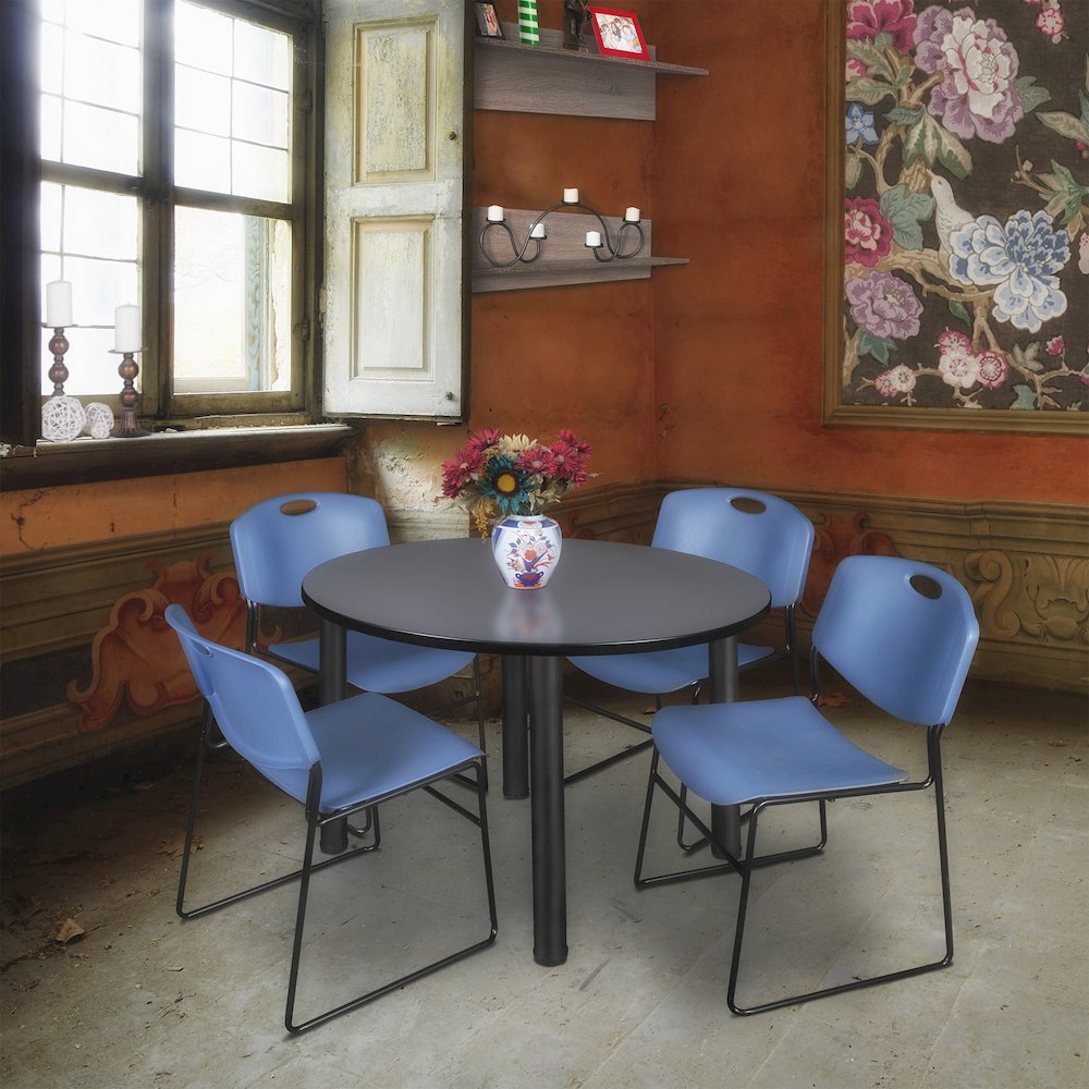 48 in Round Breakroom Table- Grey Top, Black Legs, 4 Zeng Stack Chairs- Blue. Picture 6