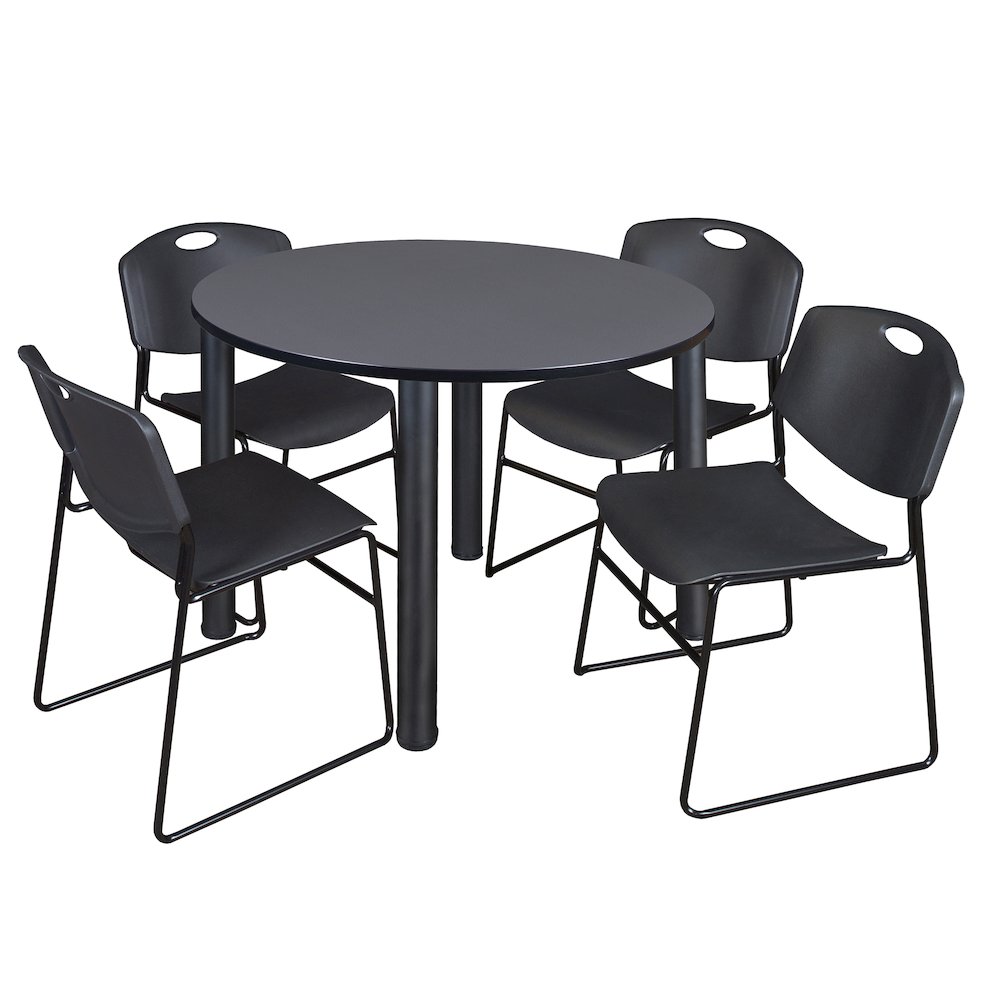 48 in Round Breakroom Table- Grey Top, Black Legs, 4 Zeng Stack Chairs- Black. Picture 1