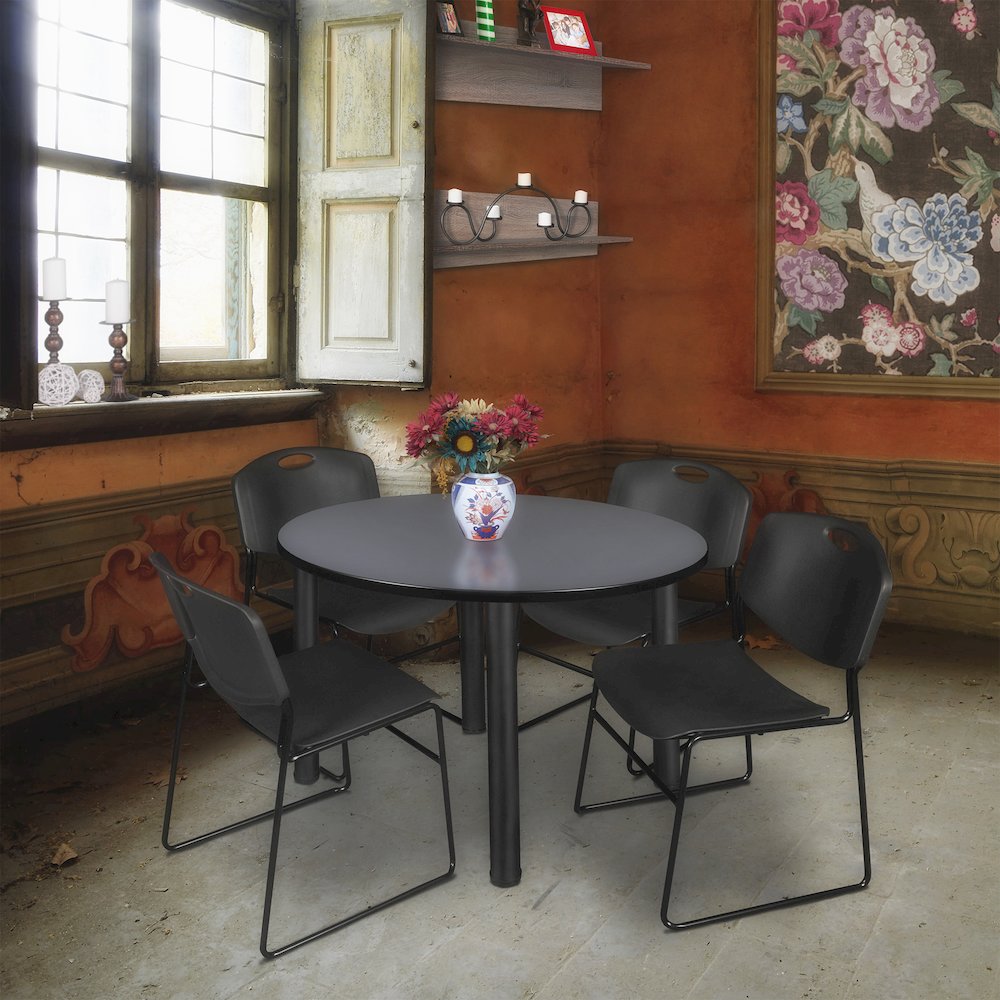 48 in Round Breakroom Table- Grey Top, Black Legs, 4 Zeng Stack Chairs- Black. Picture 6