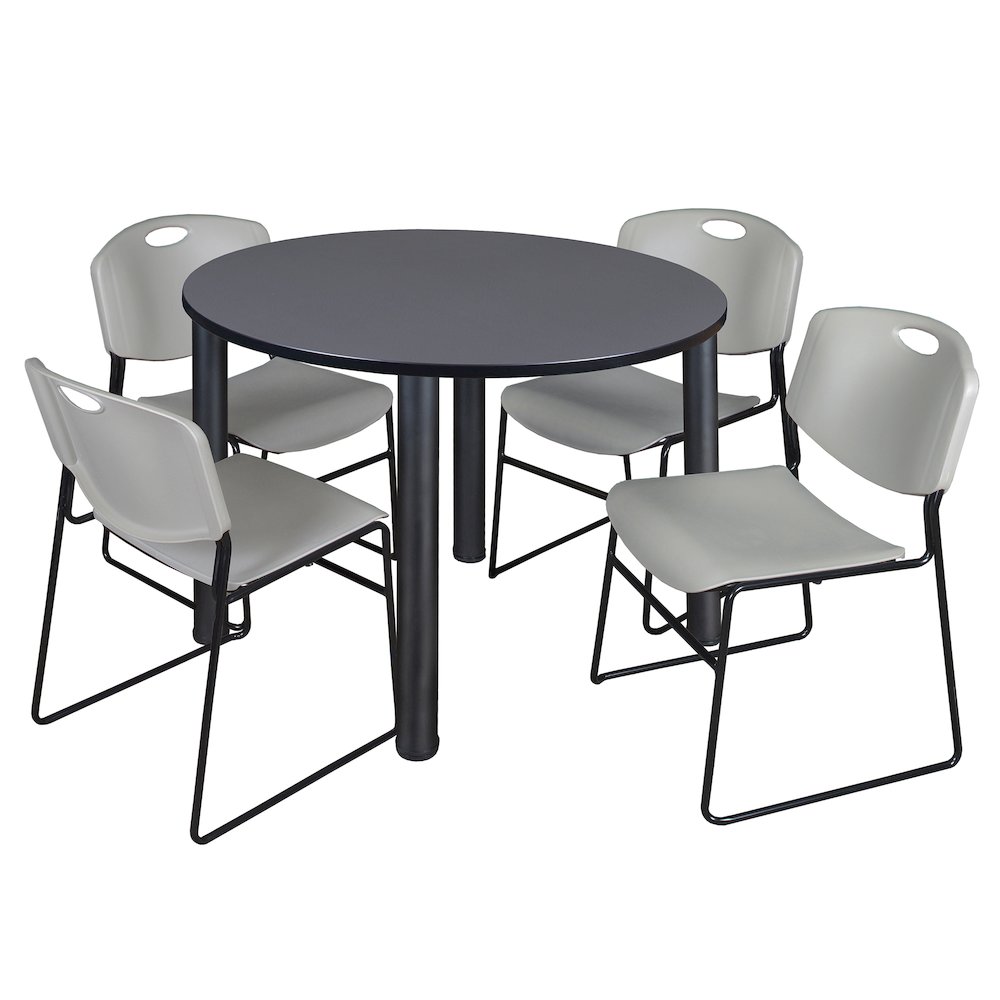 48 in Round Breakroom Table- Grey Top, Black Legs, 4 Zeng Stack Chairs- Grey. Picture 1
