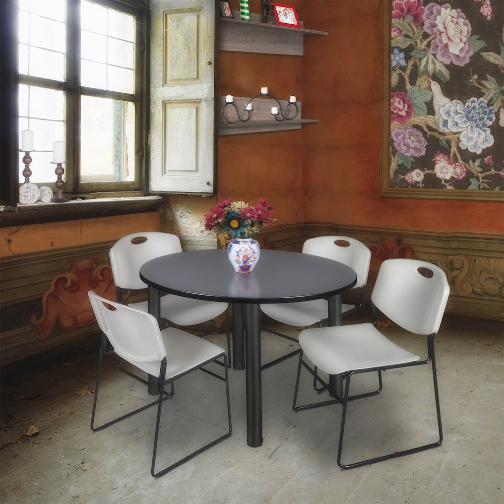 48 in Round Breakroom Table- Grey Top, Black Legs, 4 Zeng Stack Chairs- Grey. Picture 6