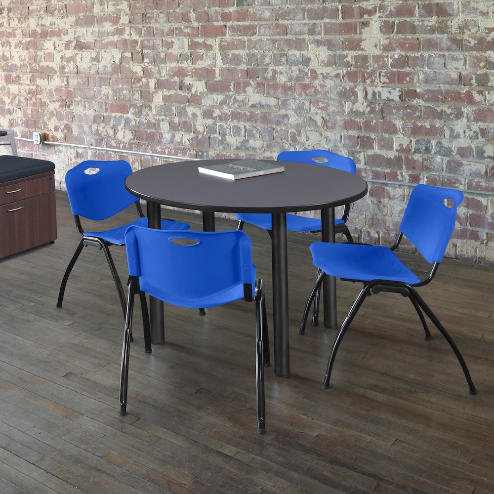48 in Round Breakroom Table- Grey Top, Black Legs, 4 M Stack Chairs- Blue. Picture 6