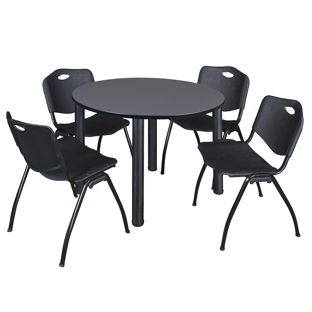 48 in Round Breakroom Table- Grey Top, Black Legs, 4 M Stack Chairs- Black. Picture 1