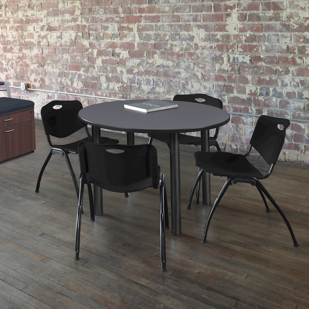 48 in Round Breakroom Table- Grey Top, Black Legs, 4 M Stack Chairs- Black. Picture 6