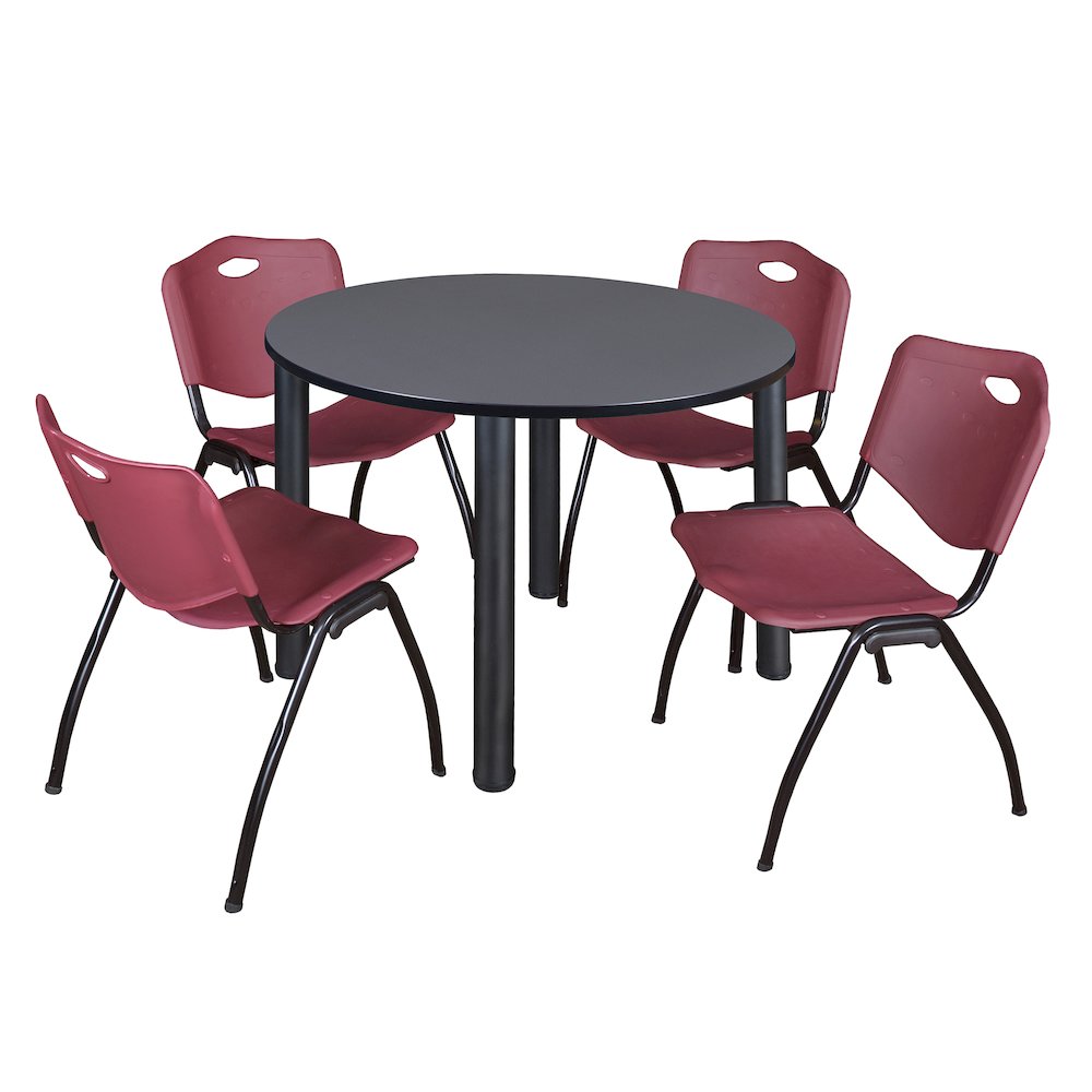 48 in Round Breakroom Table- Grey Top, Black Legs, 4 M Stack Chairs- Burgundy. Picture 1