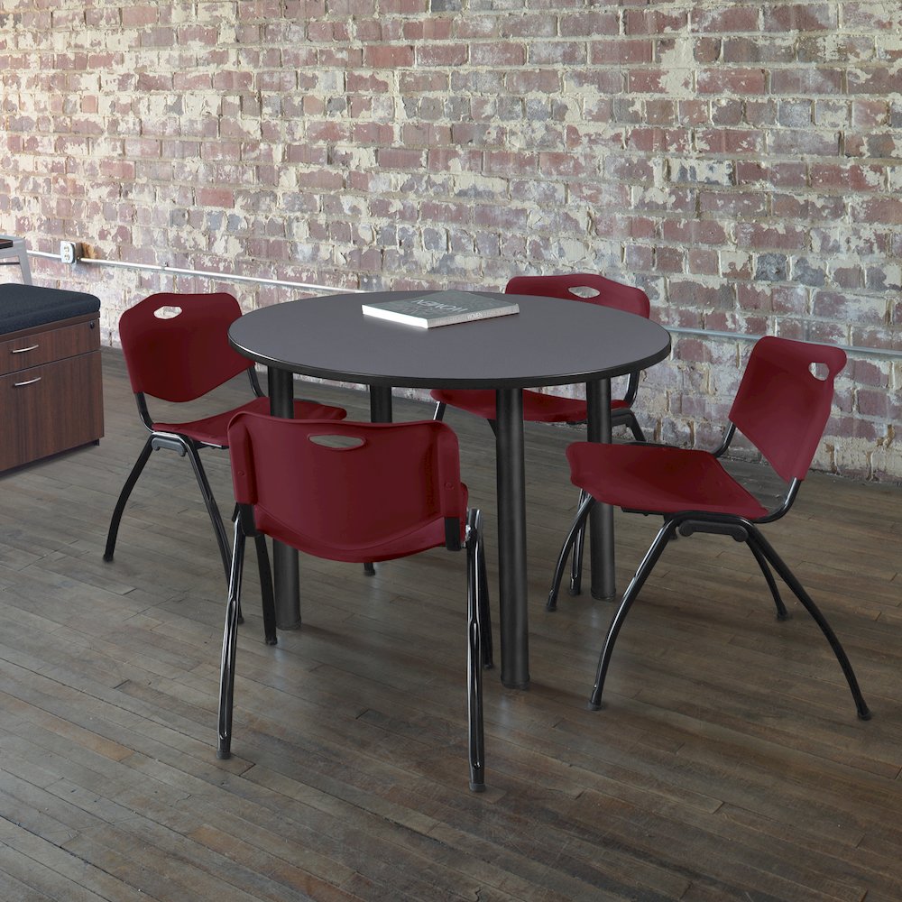 48 in Round Breakroom Table- Grey Top, Black Legs, 4 M Stack Chairs- Burgundy. Picture 6