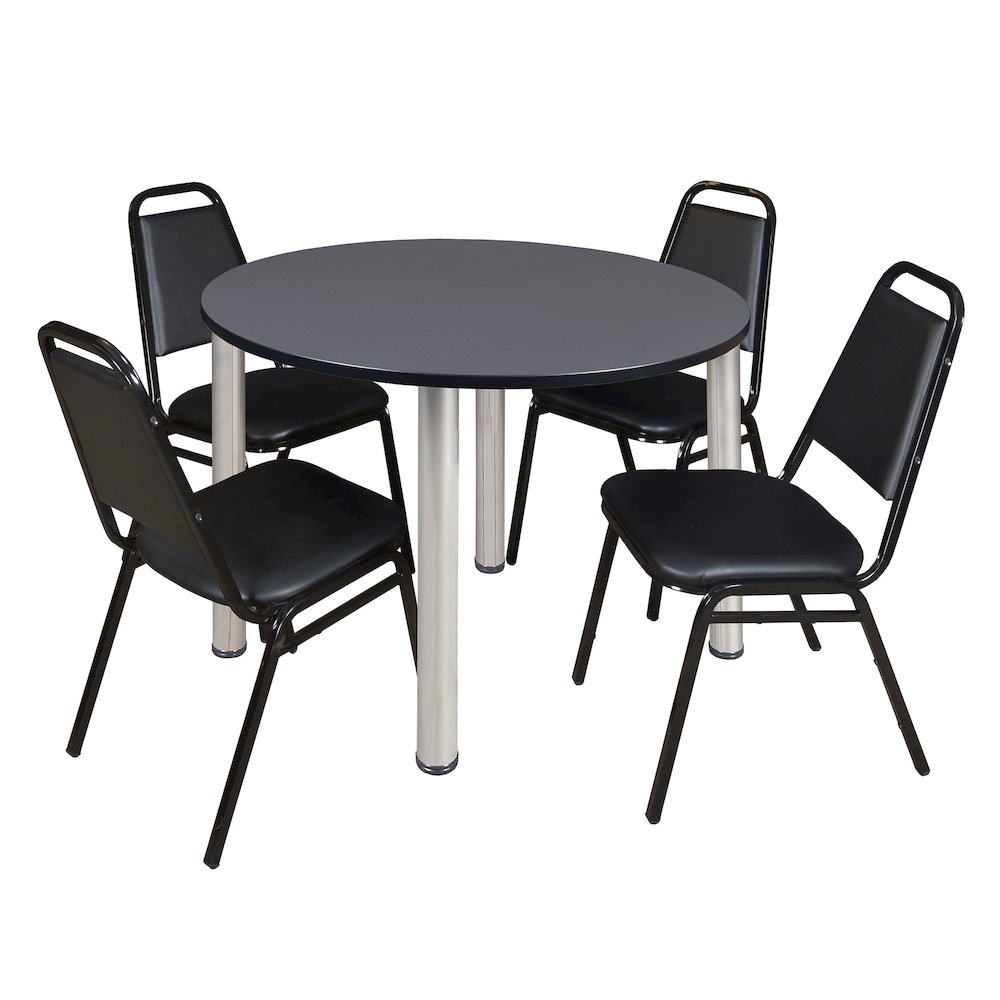 48 in Round Breakroom Table- Grey Top, Chrome Legs, 4 Restaurant Stack Chairs. Picture 1