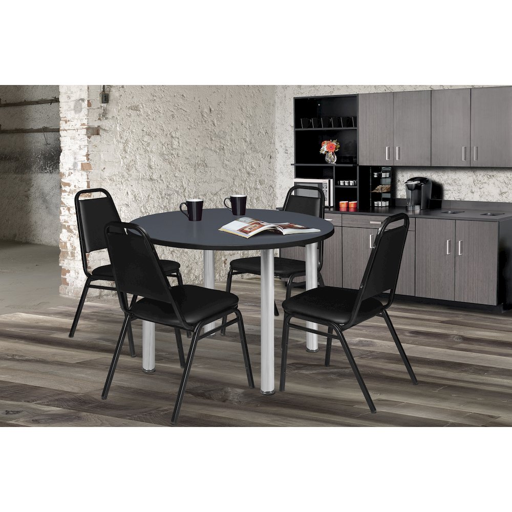 48 in Round Breakroom Table- Grey Top, Chrome Legs, 4 Restaurant Stack Chairs. Picture 6