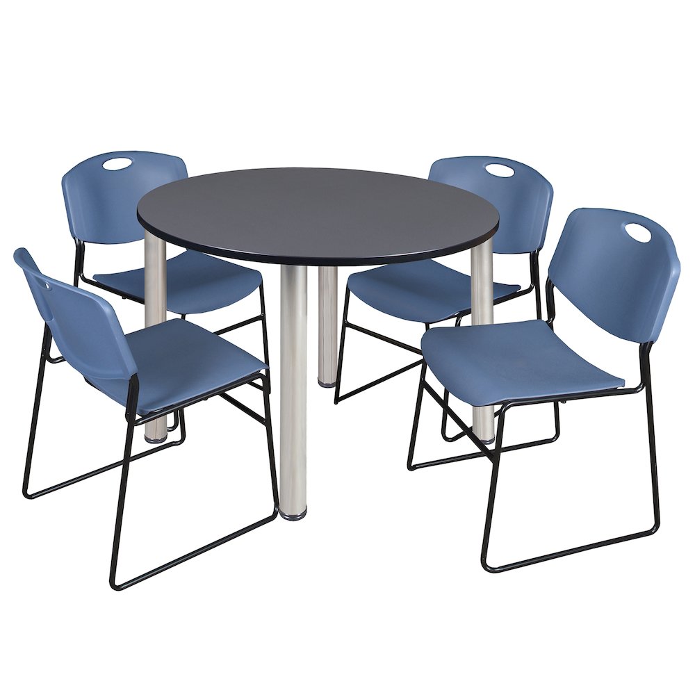 48 in Round Breakroom Table- Grey Top, Chrome Legs, 4 Zeng Stack Chairs- Blue. Picture 1