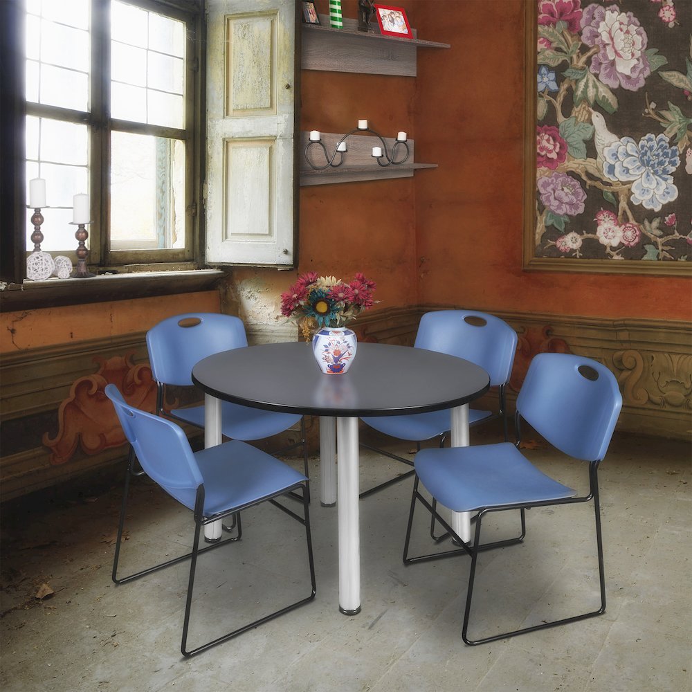 48 in Round Breakroom Table- Grey Top, Chrome Legs, 4 Zeng Stack Chairs- Blue. Picture 6