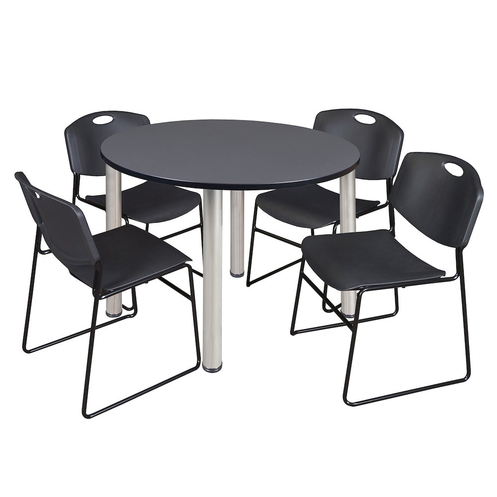 48 in Round Breakroom Table- Grey Top, Chrome Legs, 4 Zeng Stack Chairs- Black. Picture 1