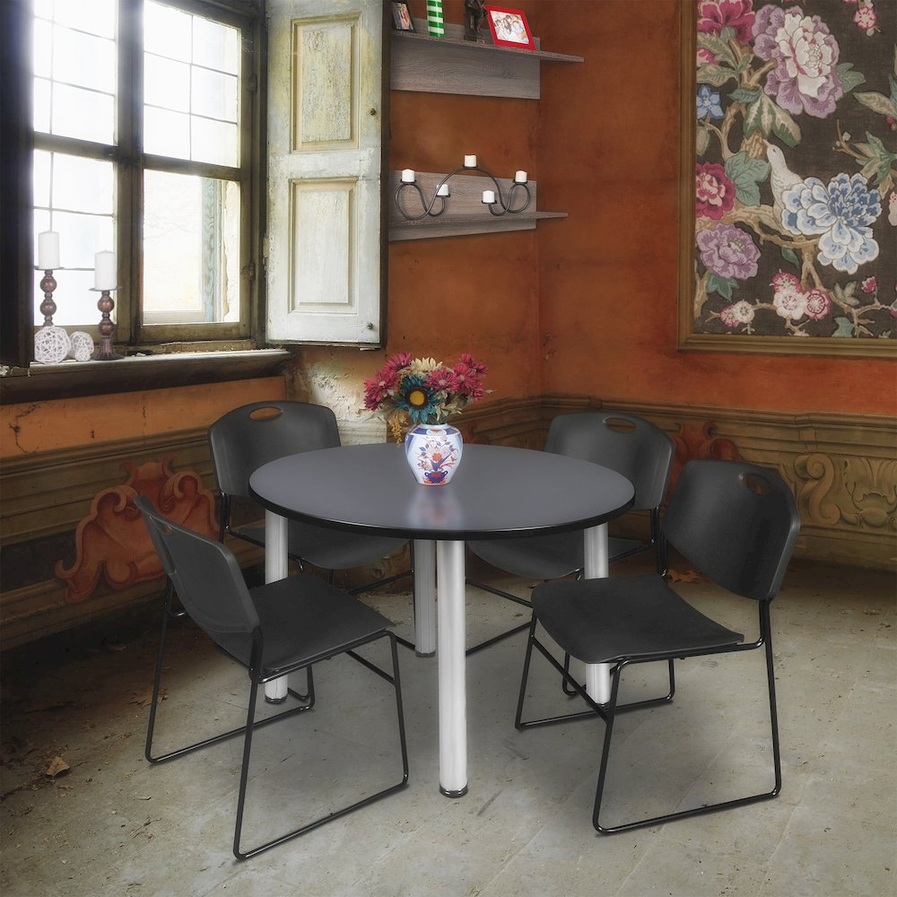 48 in Round Breakroom Table- Grey Top, Chrome Legs, 4 Zeng Stack Chairs- Black. Picture 6