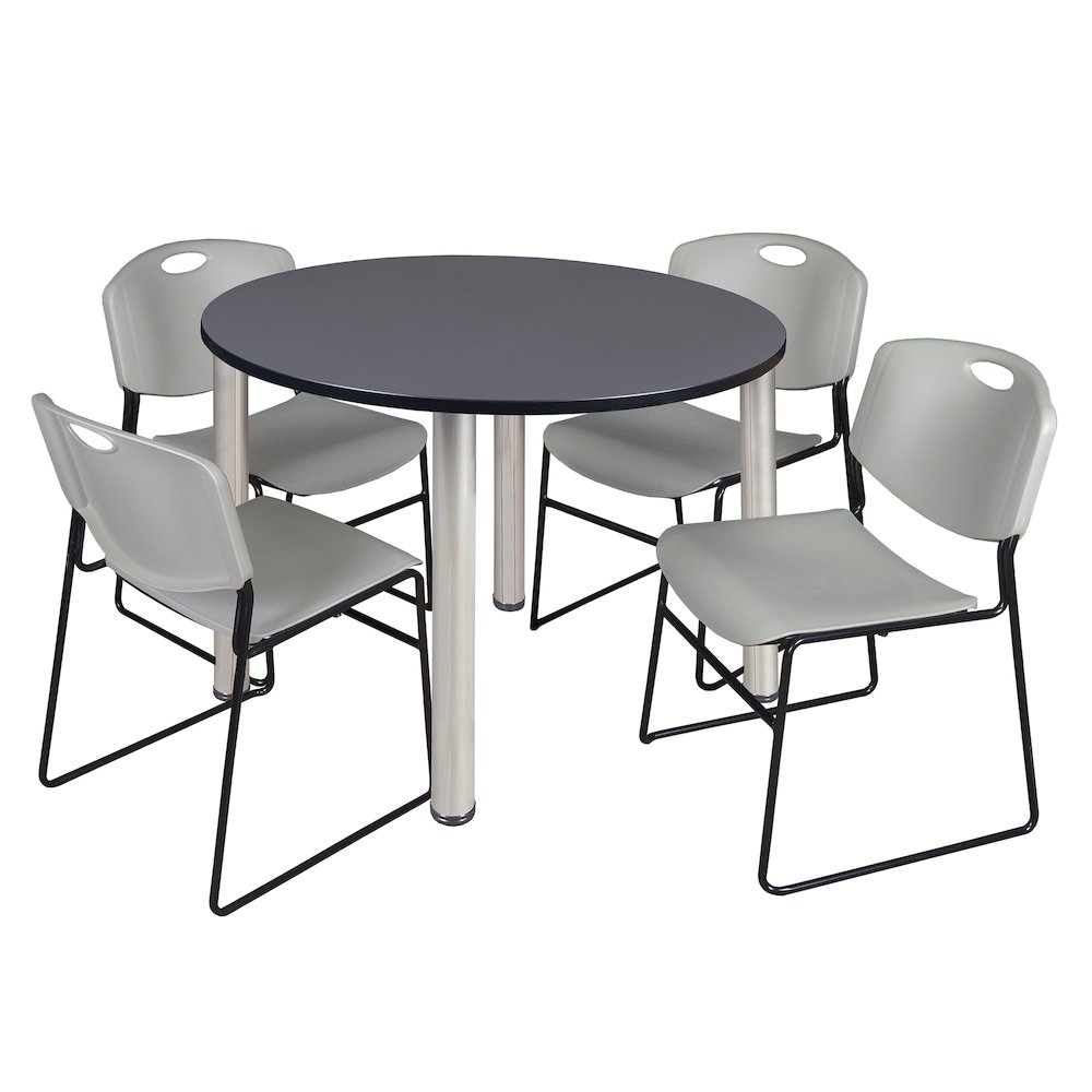 48 in Round Breakroom Table- Grey Top, Chrome Legs, 4 Zeng Stack Chairs- Grey. Picture 1