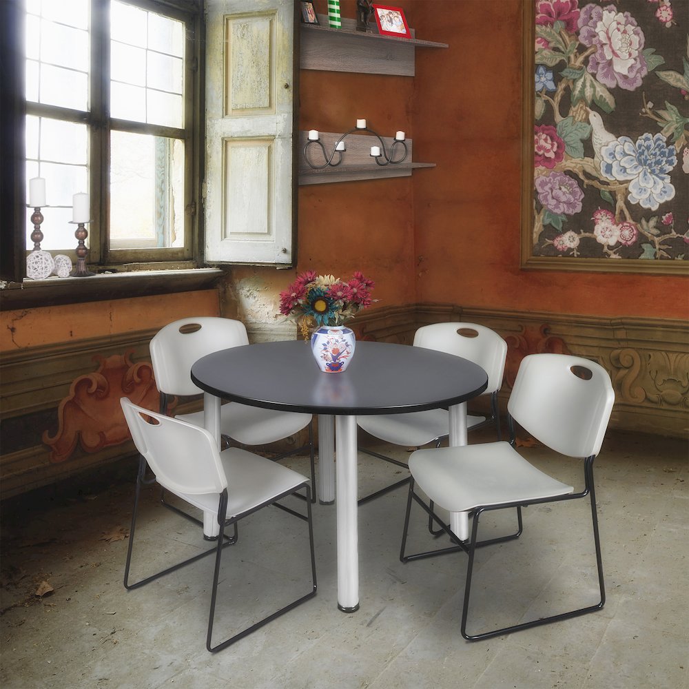 48 in Round Breakroom Table- Grey Top, Chrome Legs, 4 Zeng Stack Chairs- Grey. Picture 6