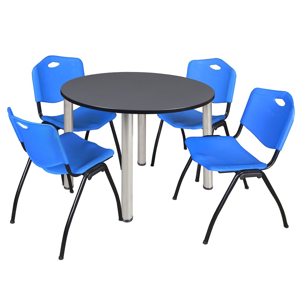 48 in Round Breakroom Table- Grey Top, Chrome Legs, 4 M Stack Chairs- Blue. Picture 1