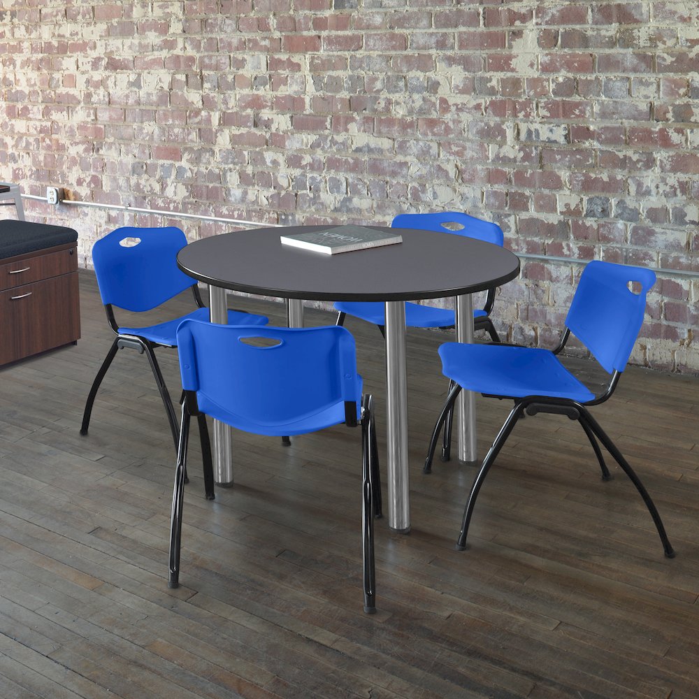 48 in Round Breakroom Table- Grey Top, Chrome Legs, 4 M Stack Chairs- Blue. Picture 6