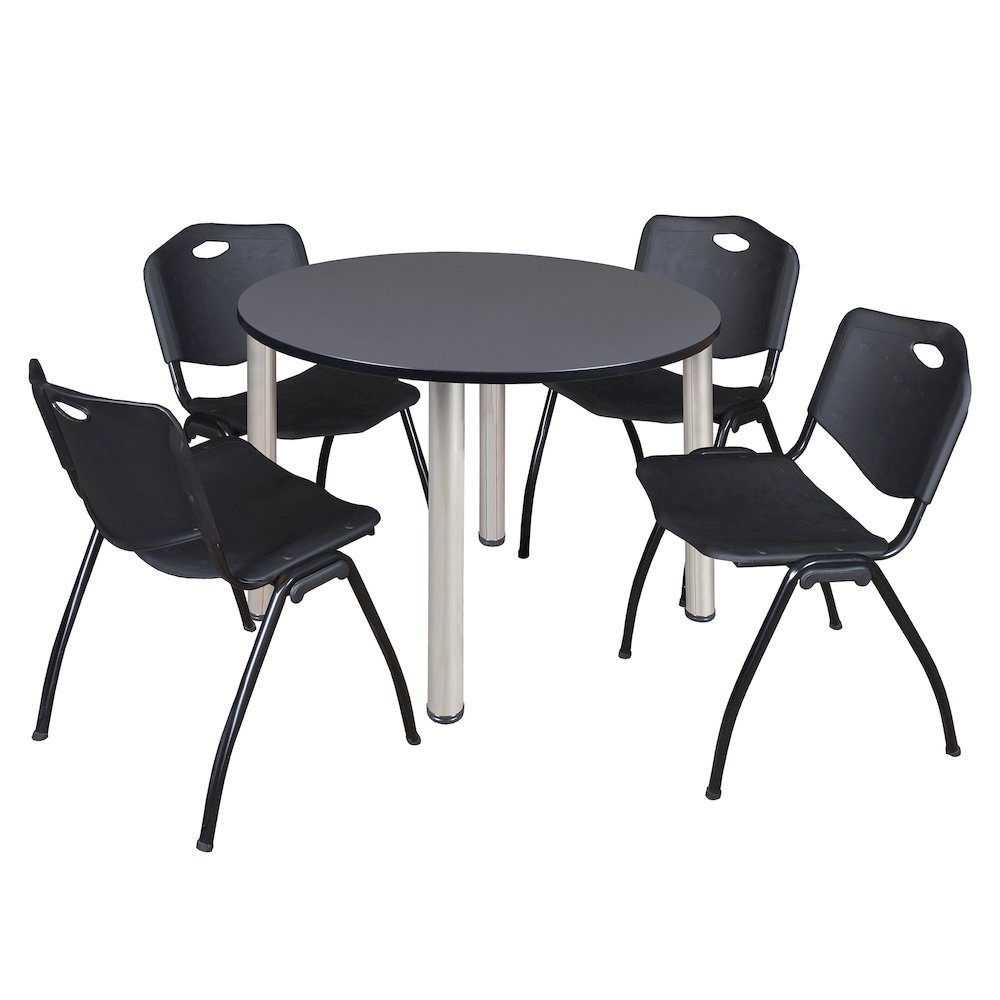 48 in Round Breakroom Table- Grey Top, Chrome Legs, 4 M Stack Chairs- Black. Picture 1